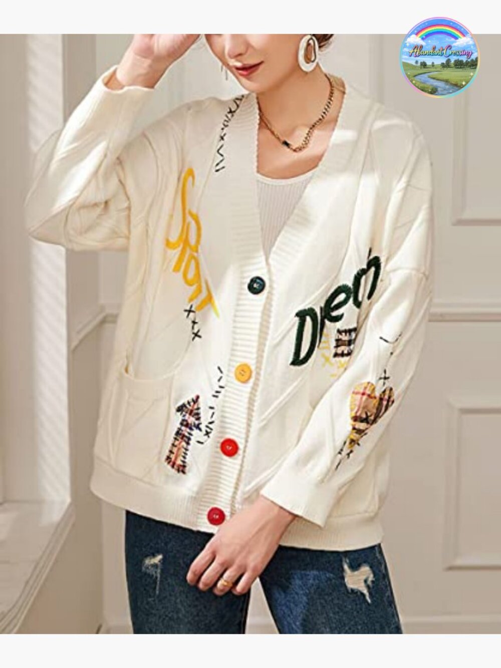 Cable Knit Embroidery Patchwork Cardigan V Neck Long Sleeve Button Down Sweater - Picture 3 of 5